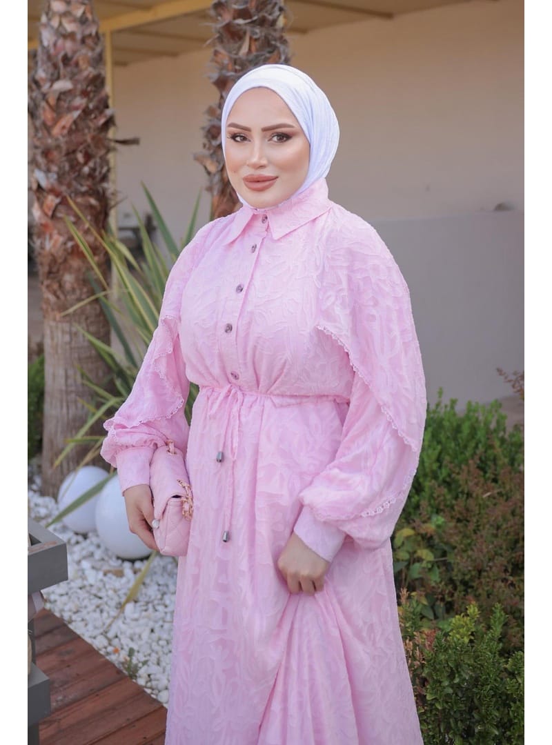 Pembe Bel Bağlamalı Desenli Elbise - Resim 3