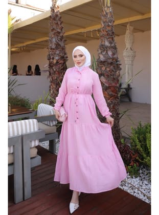 Pembe Kol Lastikli  Eteği Katlı Müslin Elbise