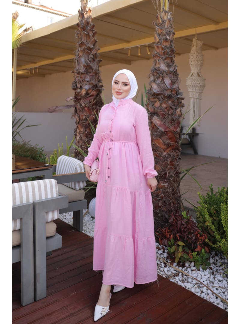Pembe Kol Lastikli  Eteği Katlı Müslin Elbise - Resim 2