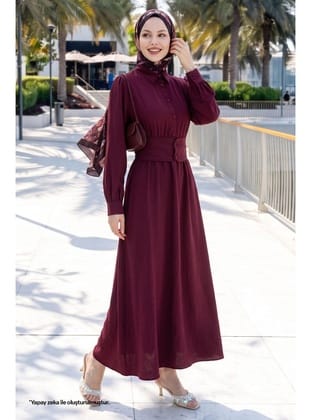 Düğmeli Beli Lastikli Bordo Elbise