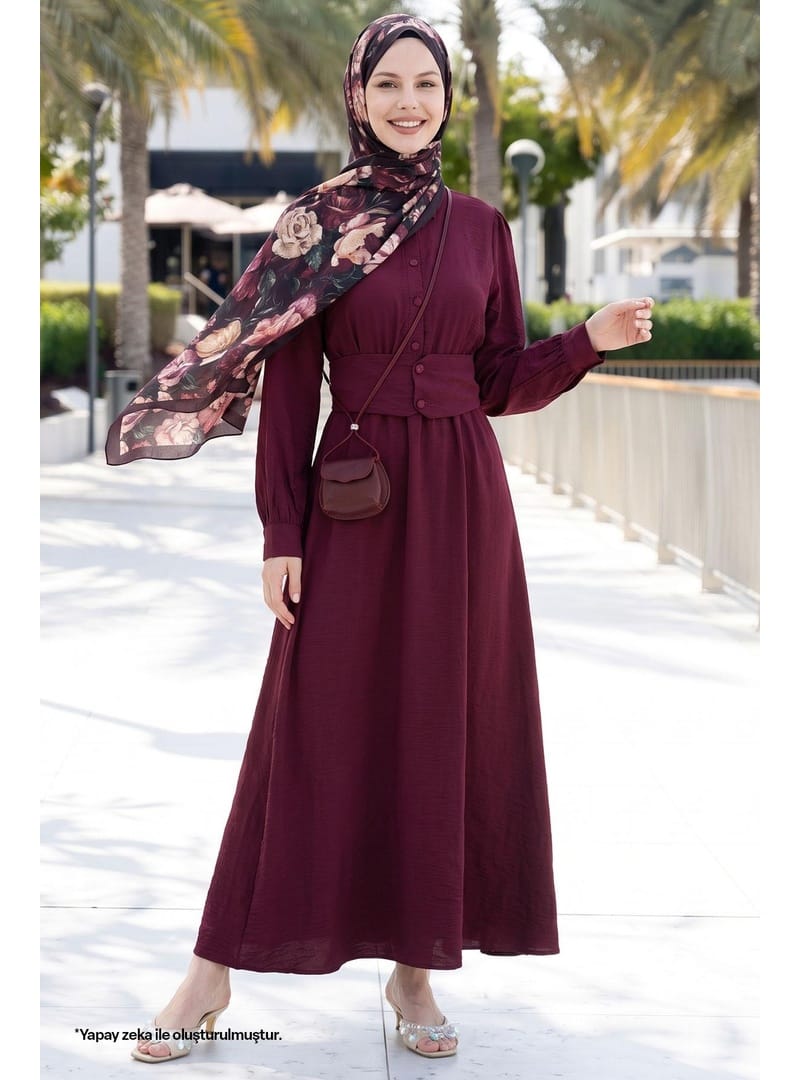 Düğmeli Beli Lastikli Bordo Elbise - Resim 2