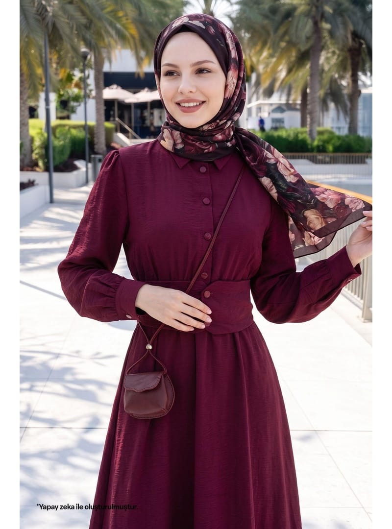 Düğmeli Beli Lastikli Bordo Elbise - Resim 3