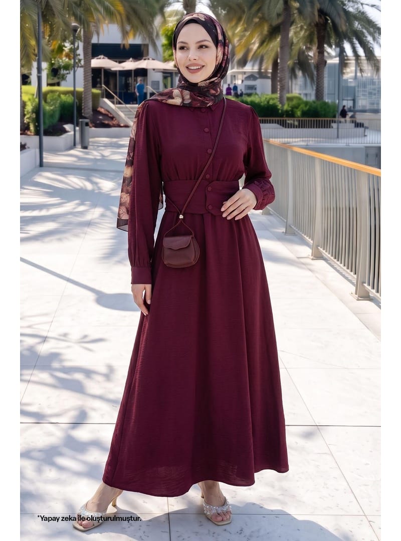 Düğmeli Beli Lastikli Bordo Elbise - Resim 4
