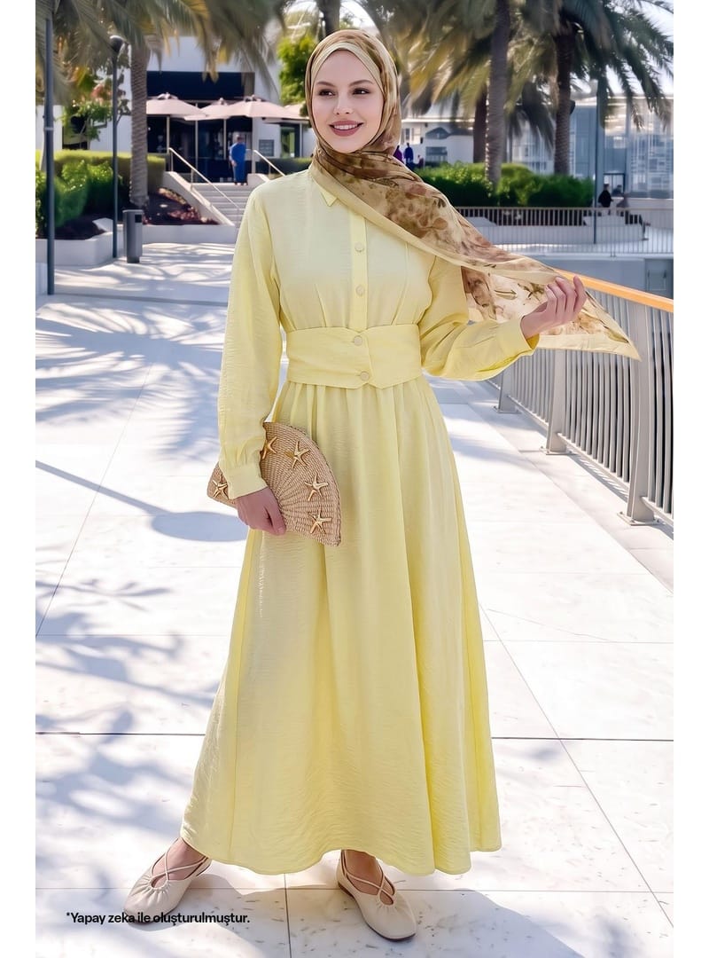 Düğmeli Beli Lastikli Sarı Elbise - Resim 3