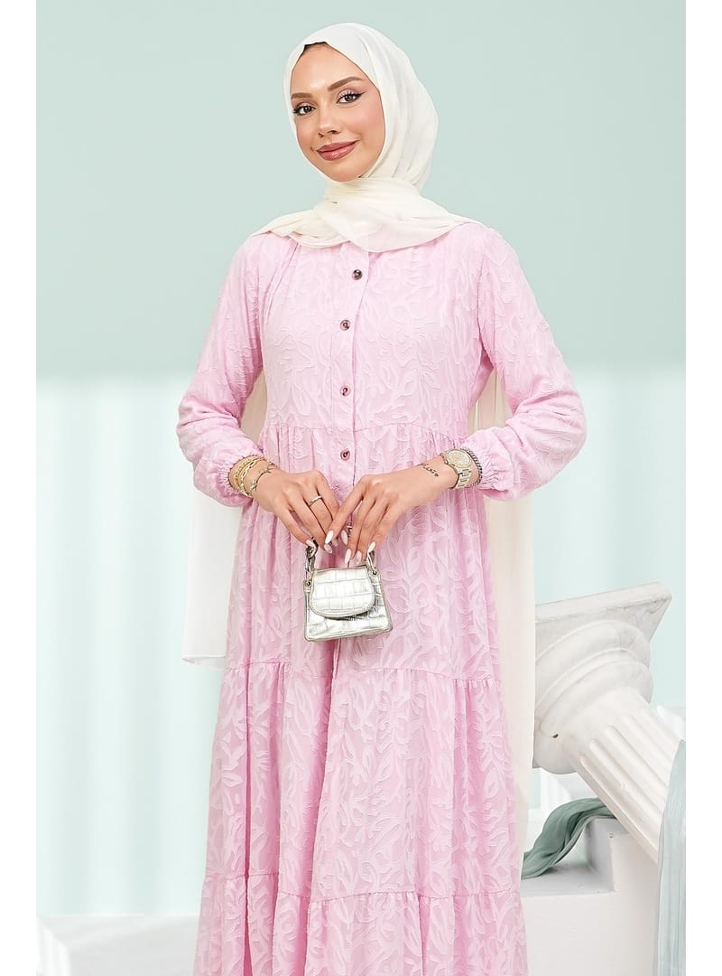 Pembe Yarım Düğmeli Eteği Katlı Jakarlı Elbise - Resim 2