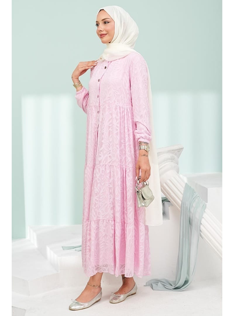 Pembe Yarım Düğmeli Eteği Katlı Jakarlı Elbise - Resim 4