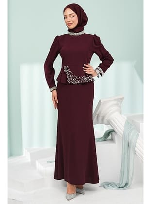 Bordo Taş Detaylı Peplum Tasarım Abiye