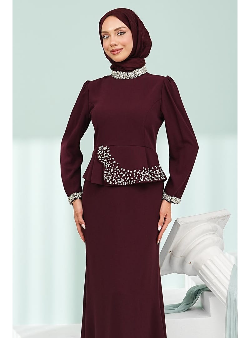 Bordo Taş Detaylı Peplum Tasarım Abiye - Resim 2