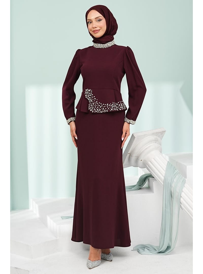 Bordo Taş Detaylı Peplum Tasarım Abiye - Resim 3