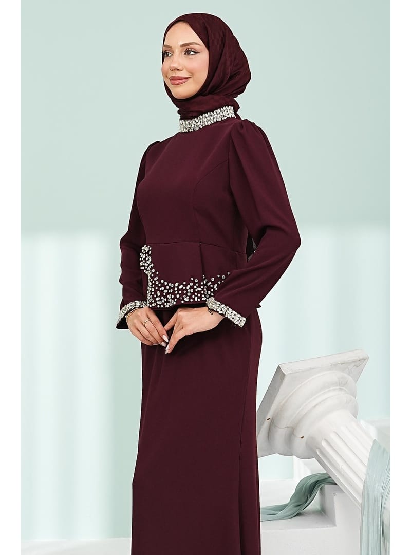 Bordo Taş Detaylı Peplum Tasarım Abiye - Resim 4