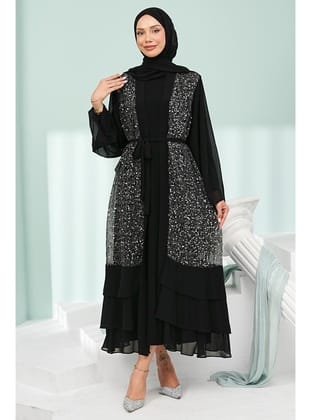 Siyah Eteği Katlı İkili Abaya Takım