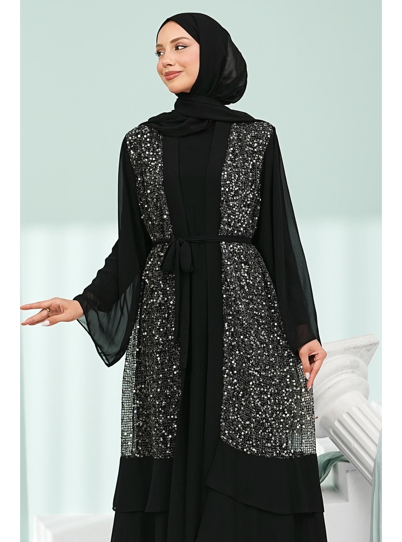 Siyah Eteği Katlı İkili Abaya Takım - Resim 2