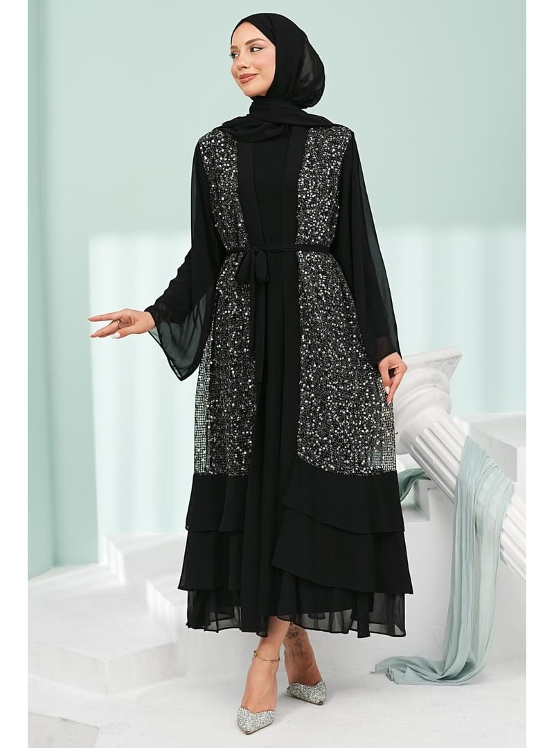Siyah Eteği Katlı İkili Abaya Takım - Resim 3