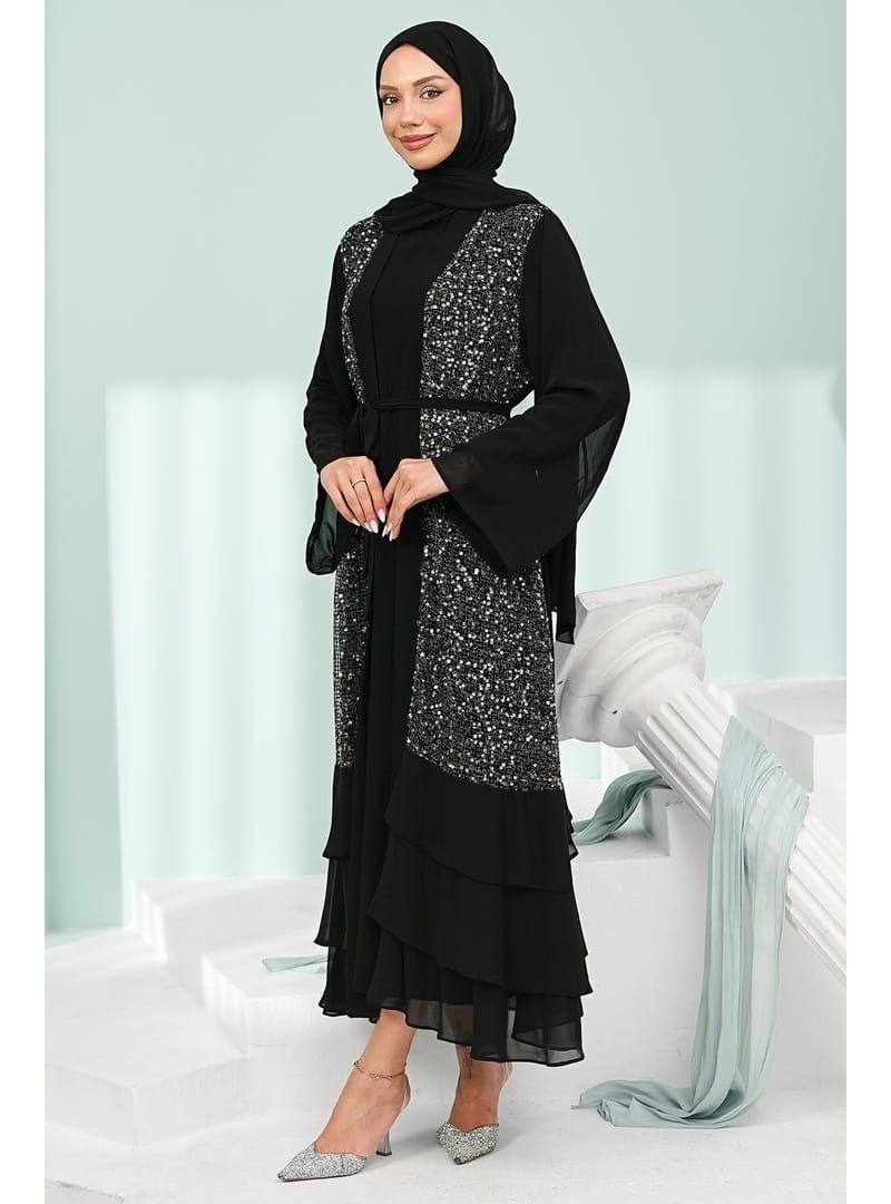 Siyah Eteği Katlı İkili Abaya Takım - Resim 4