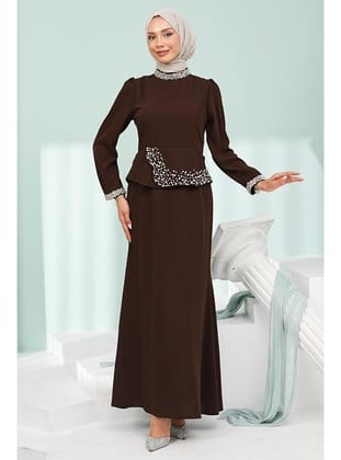 Kahverengi Taş Detaylı Peplum Tasarım Abiye