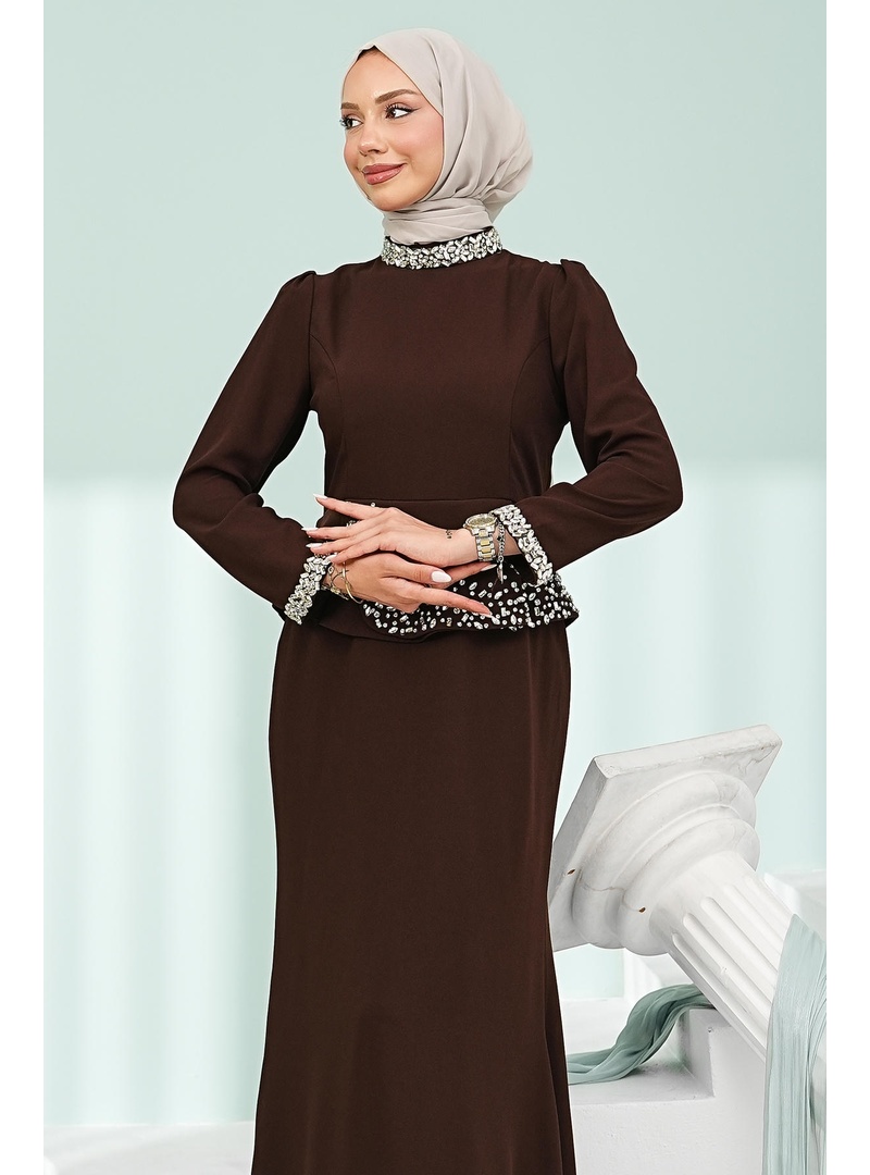 Kahverengi Taş Detaylı Peplum Tasarım Abiye - Resim 2