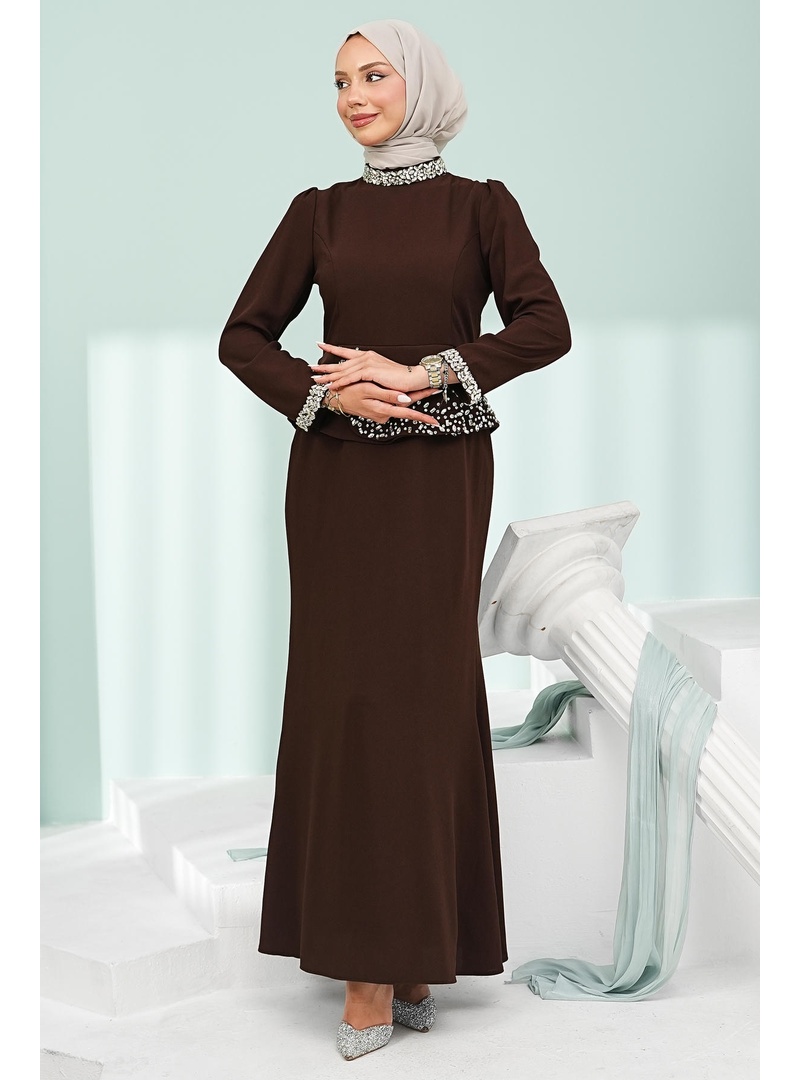 Kahverengi Taş Detaylı Peplum Tasarım Abiye - Resim 3