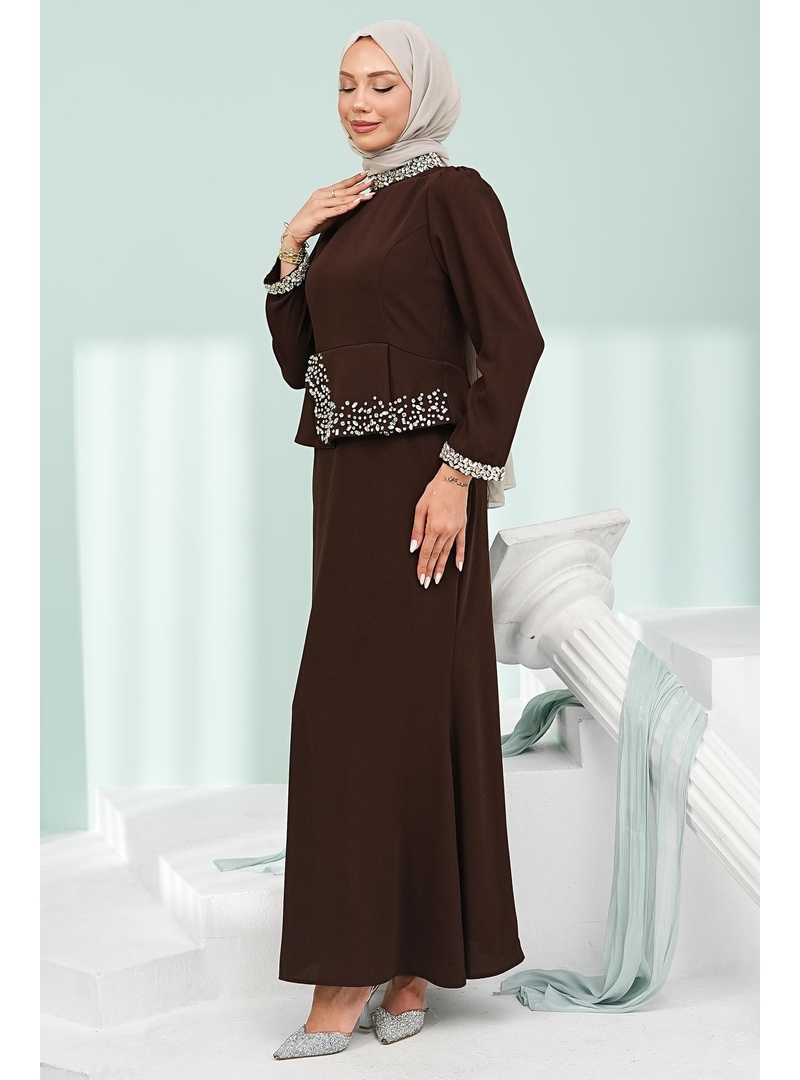 Kahverengi Taş Detaylı Peplum Tasarım Abiye - Resim 4