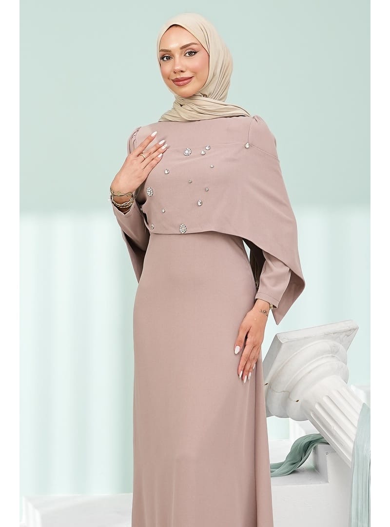 Pudra Ön Pelerin Detaylı Taşlı Abiye - Resim 2
