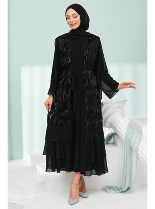 Siyah Eteği Katlı Fırfırlı İkili Abaya Takım