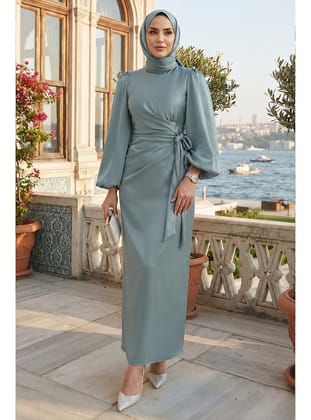 Drapeli Mint Saten Tesettür Elbise 63012MINT