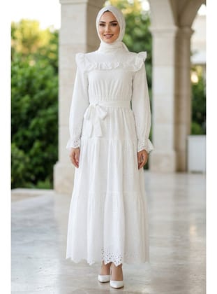 Fırfır Yaka Kuşaklı Fisto Beyaz Tesettür Elbise 50281B