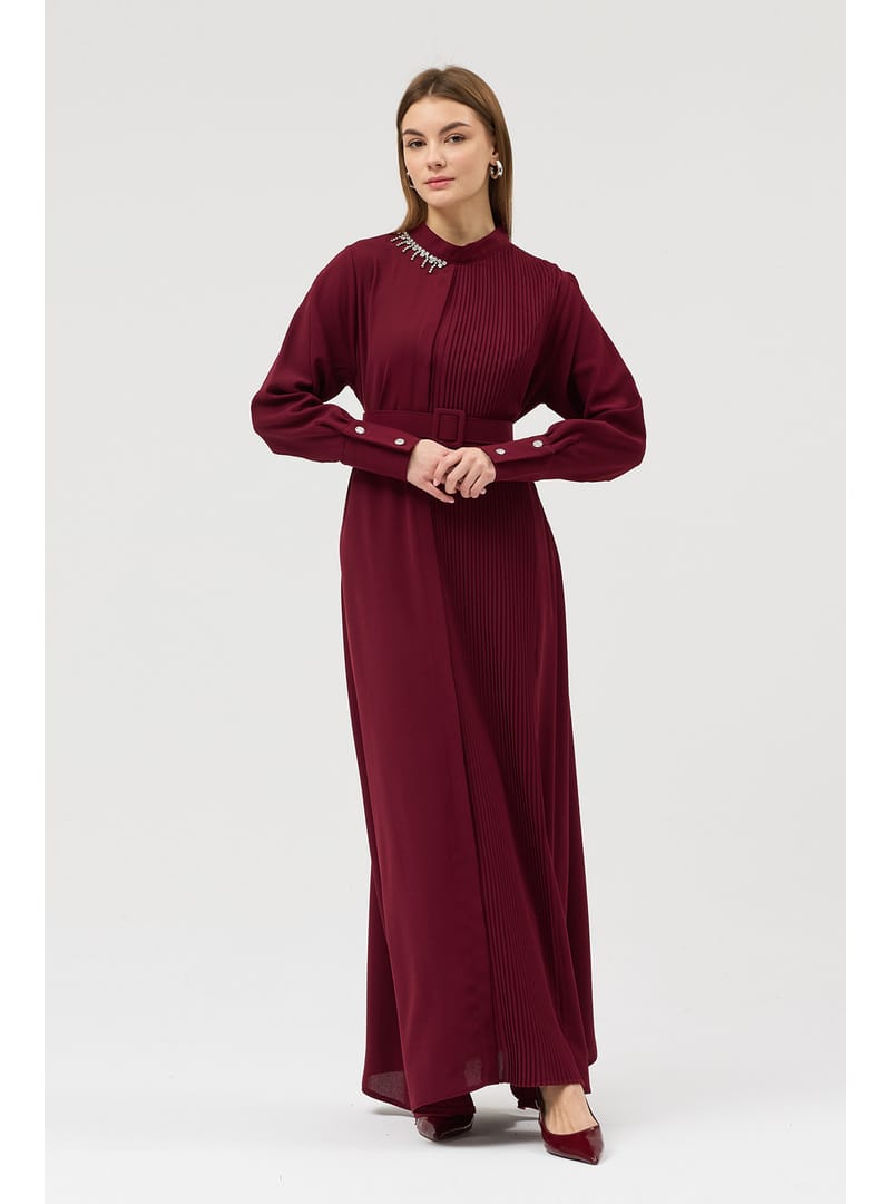 Piliseli Kemerli Elbise - Bordo - Resim 3