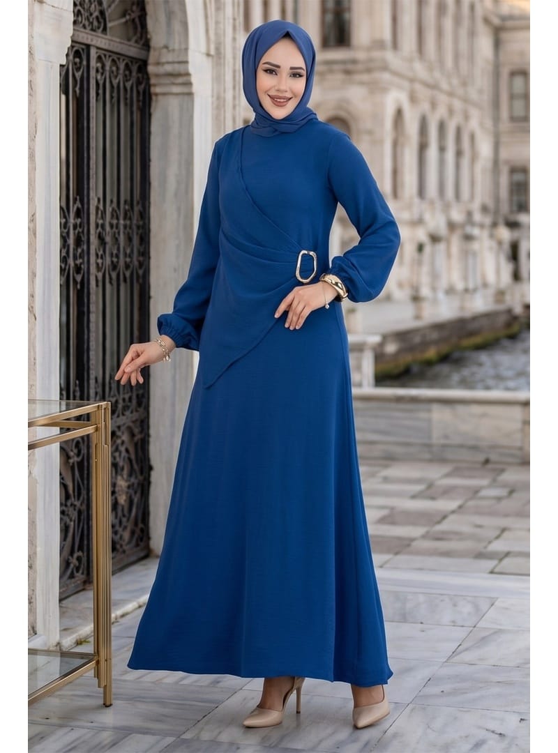 Yandan Tokalı Ayrobin Elbise İndigo HM2914 - Resim 2