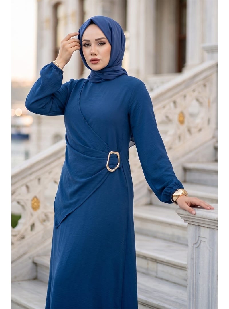 Yandan Tokalı Ayrobin Elbise İndigo HM2914 - Resim 3