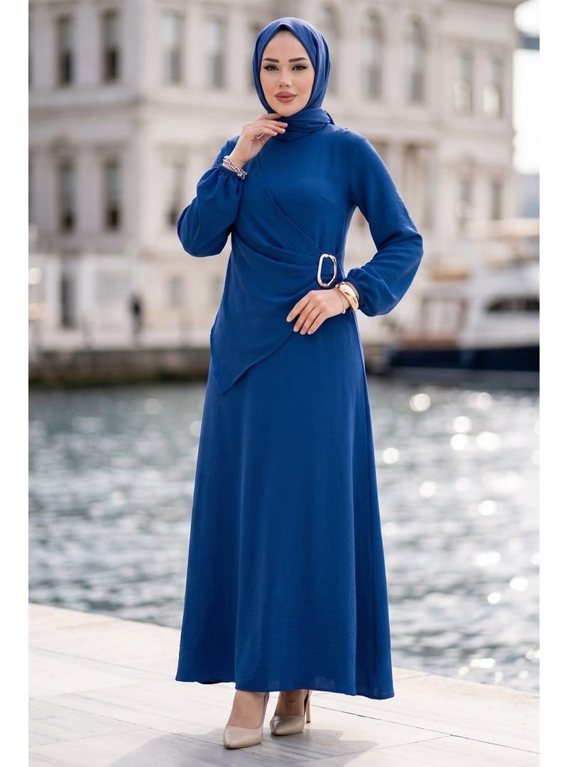 Yandan Tokalı Ayrobin Elbise İndigo HM2914 - Resim 4