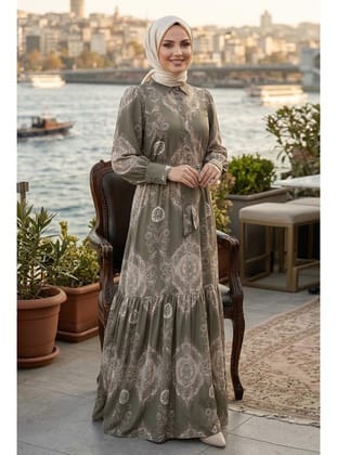 Çiçek Desenli Kuşaklı Jessica Haki Tesettür Elbise 15063HK