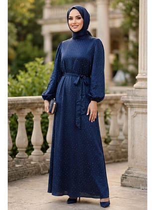 Taşlı Kuşaklı Yoryo Saten Lacivert 15681L