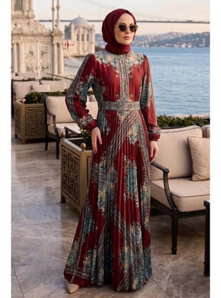 Desenli Kuşaklı Kobe Saten Bordo Tesettür Elbise 15756BR