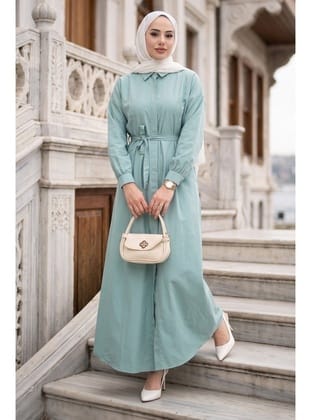 Eliz Düğmeli Pensli Kuşaklı Elbise Mint HM2944