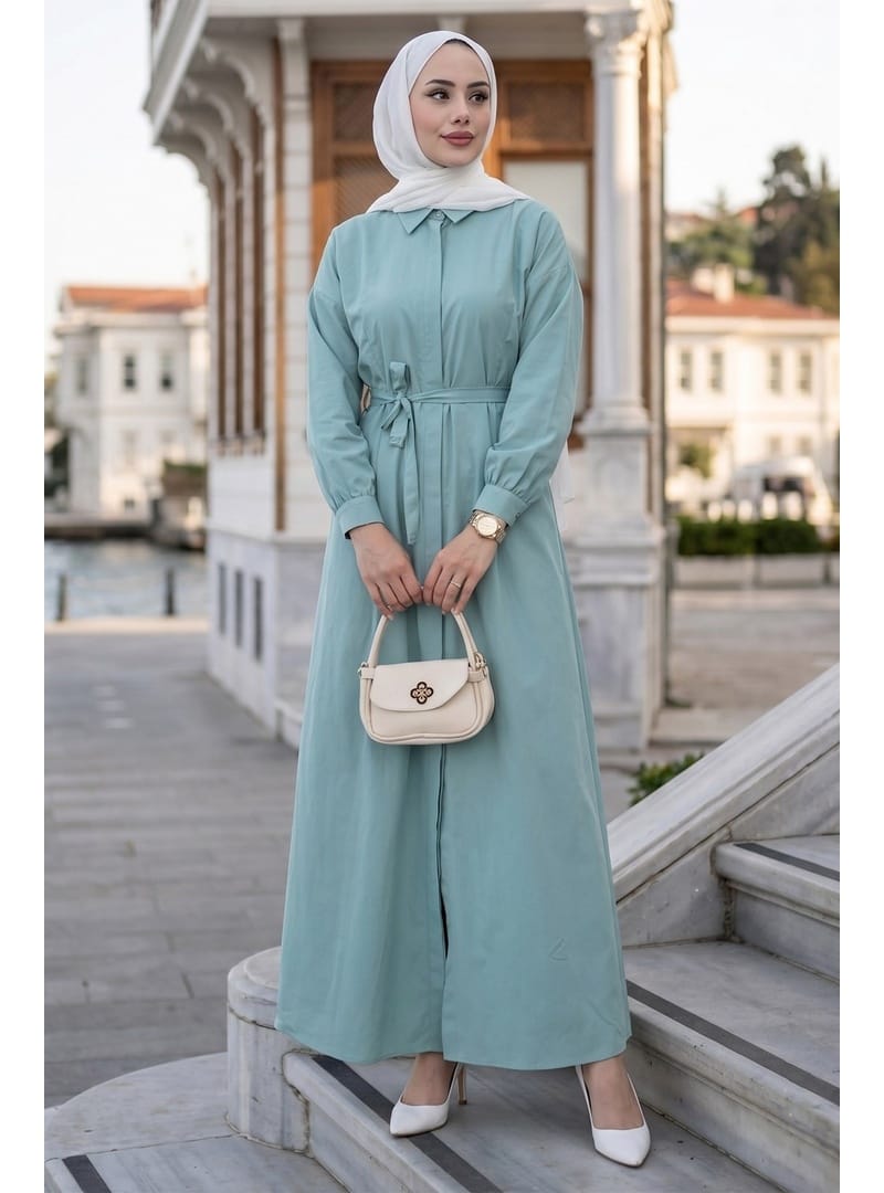 Eliz Düğmeli Pensli Kuşaklı Elbise Mint HM2944 - Resim 3