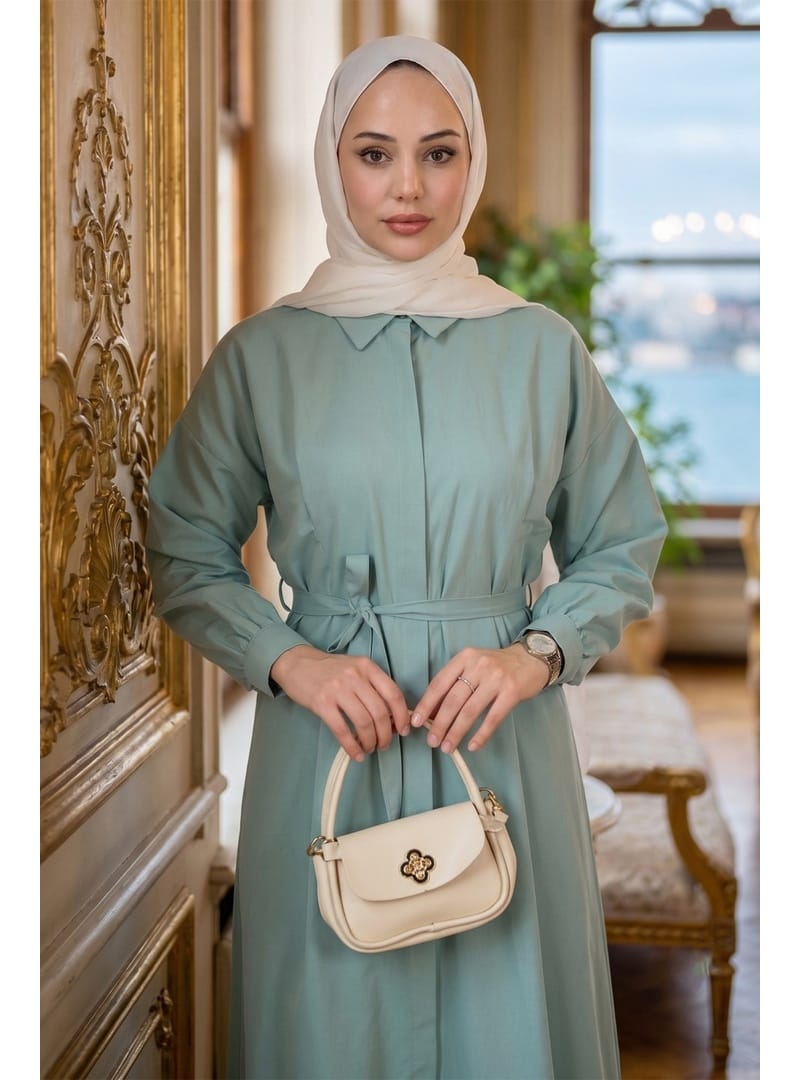 Eliz Düğmeli Pensli Kuşaklı Elbise Mint HM2944 - Resim 4