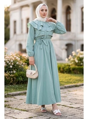 Yaka Detaylı Beli Lastikli Kuşaklı Elbise Mint HM2946