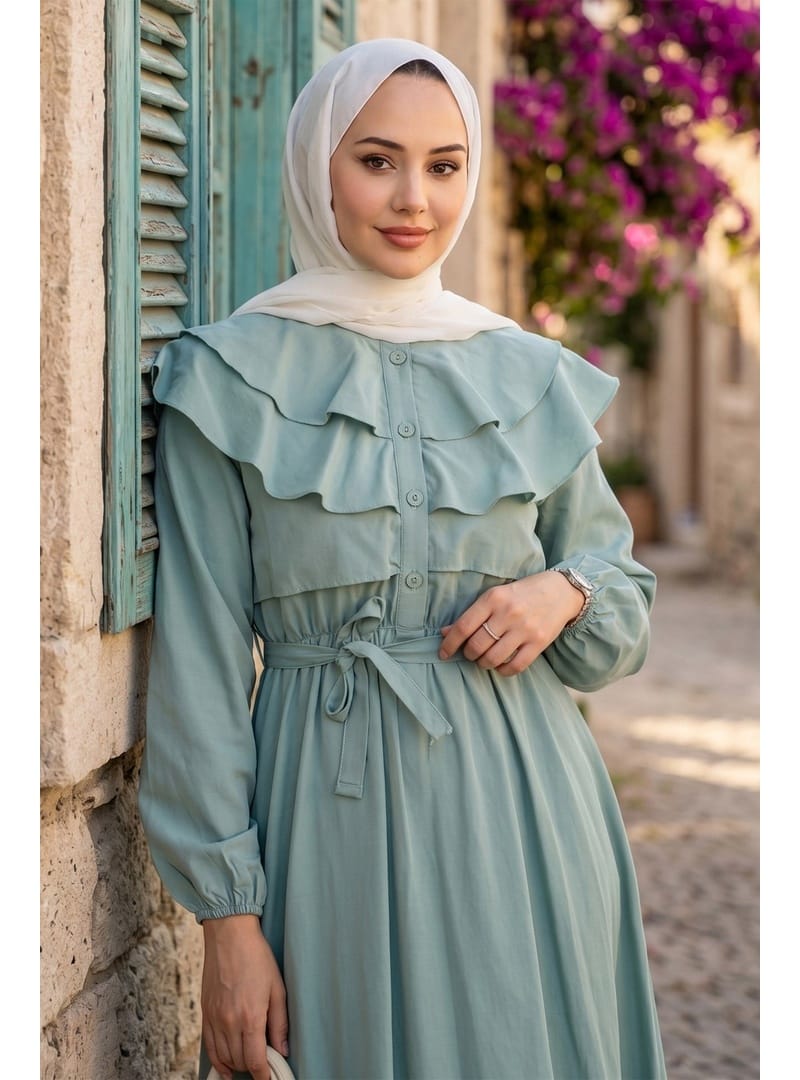 Yaka Detaylı Beli Lastikli Kuşaklı Elbise Mint HM2946 - Resim 2