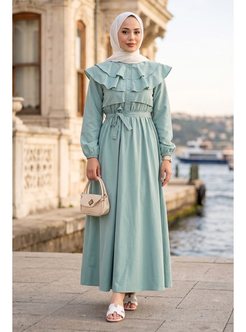 Yaka Detaylı Beli Lastikli Kuşaklı Elbise Mint HM2946 - Resim 3