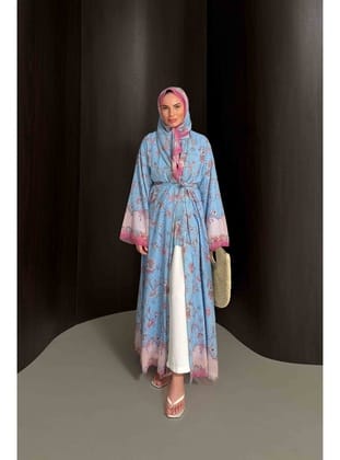 Desenli Şallı Abaya 32-2908 BEBE MAVİ