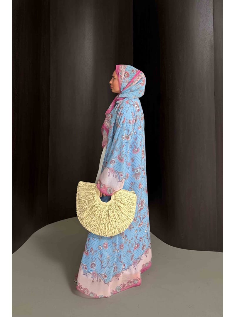 Desenli Şallı Abaya 32-2908 BEBE MAVİ - Resim 2