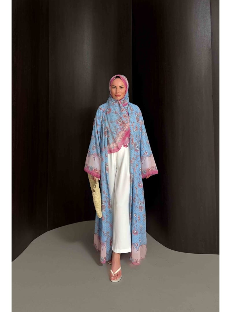 Desenli Şallı Abaya 32-2908 BEBE MAVİ - Resim 3