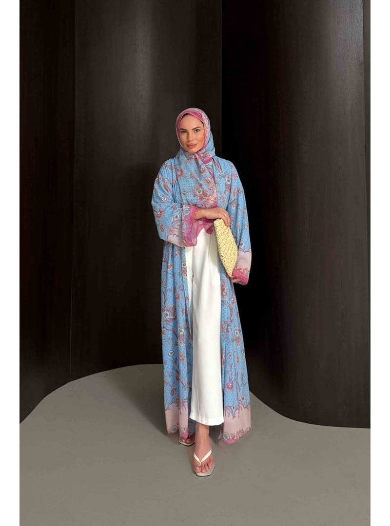 Desenli Şallı Abaya 32-2908 BEBE MAVİ - Resim 4