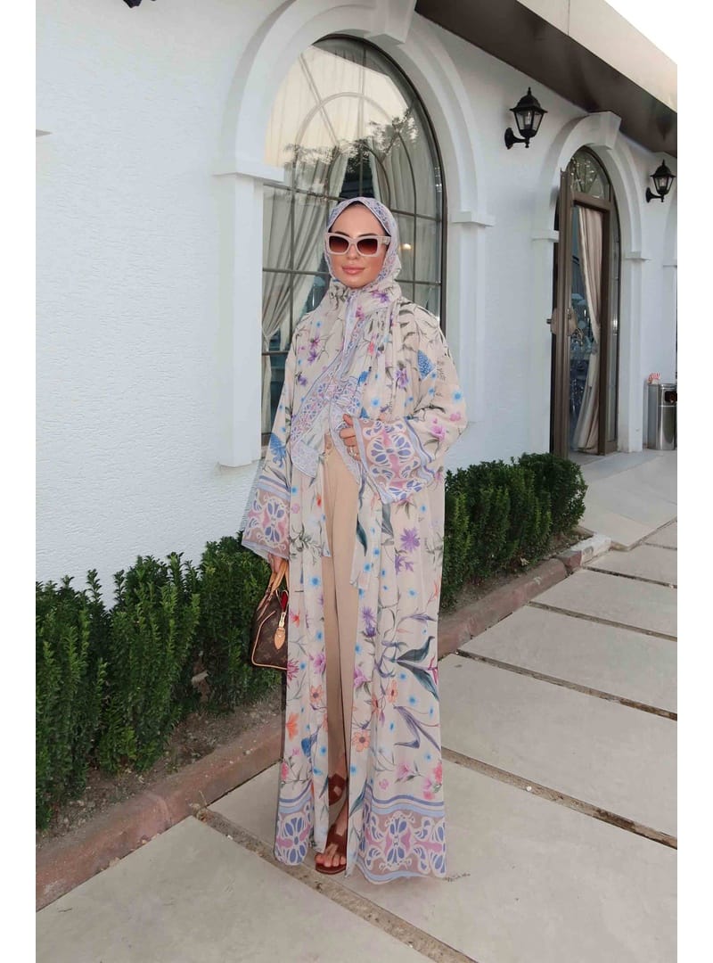 Desenli Şallı Abaya 32-2906 TAŞ - Resim 2