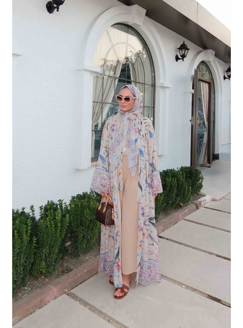 Desenli Şallı Abaya 32-2906 TAŞ - Resim 3