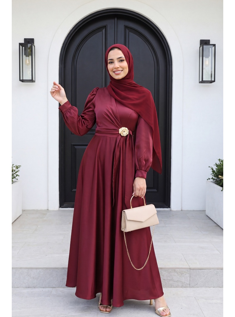 Beli Yandan Bağcıklı Tokalı Saten Abiye  -Bordo - Resim 2