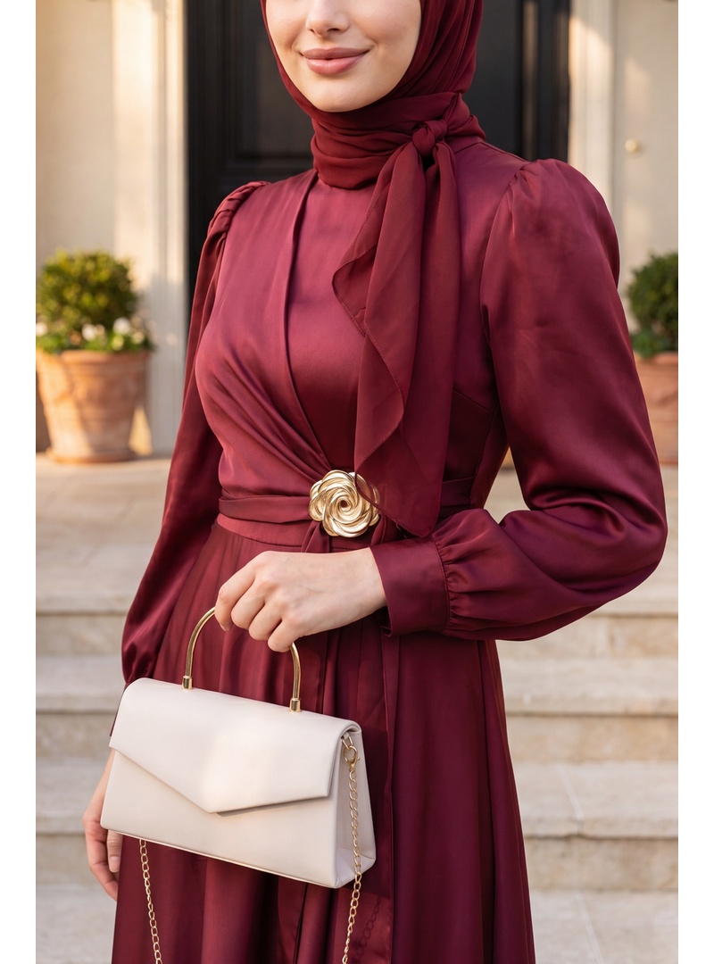 Beli Yandan Bağcıklı Tokalı Saten Abiye  -Bordo - Resim 4