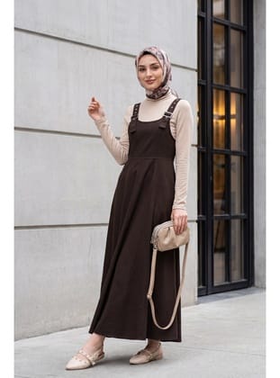 Yarım Fermuarlı Askılı Gabardin Jile  -Kahverengi