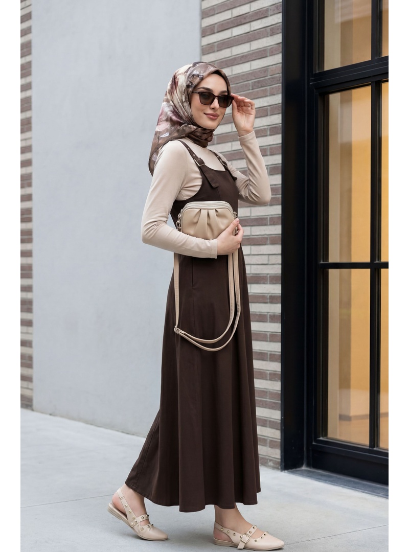 Yarım Fermuarlı Askılı Gabardin Jile  -Kahverengi - Resim 2