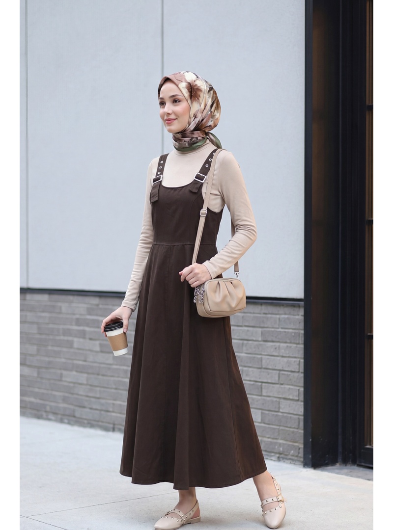 Yarım Fermuarlı Askılı Gabardin Jile  -Kahverengi - Resim 3